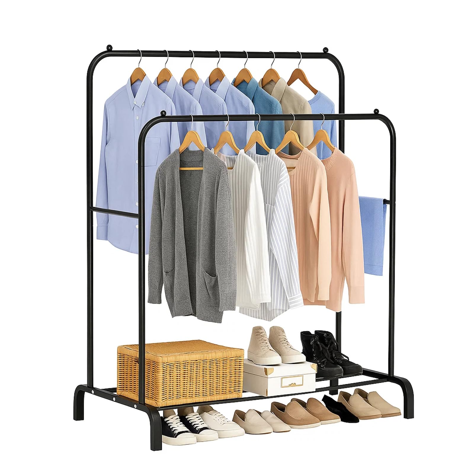 M.J COMFY-LIFE Clothes Rail Freestanding Clothing Garment Rack for Bedroom Metal Hanging Rack for Coats Stores Boxes Shoes Hanging Rail for Laundry Room (Double Rail, Blcak)