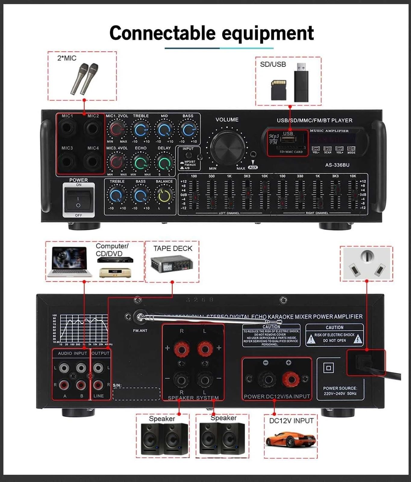 Gorący samochodowy wzmacniacz stereo 2500W dźwięk przestrzenny USB SD AMP FM DVD AUX wyświetlacz LCD pilot do kina domowego do samochodu