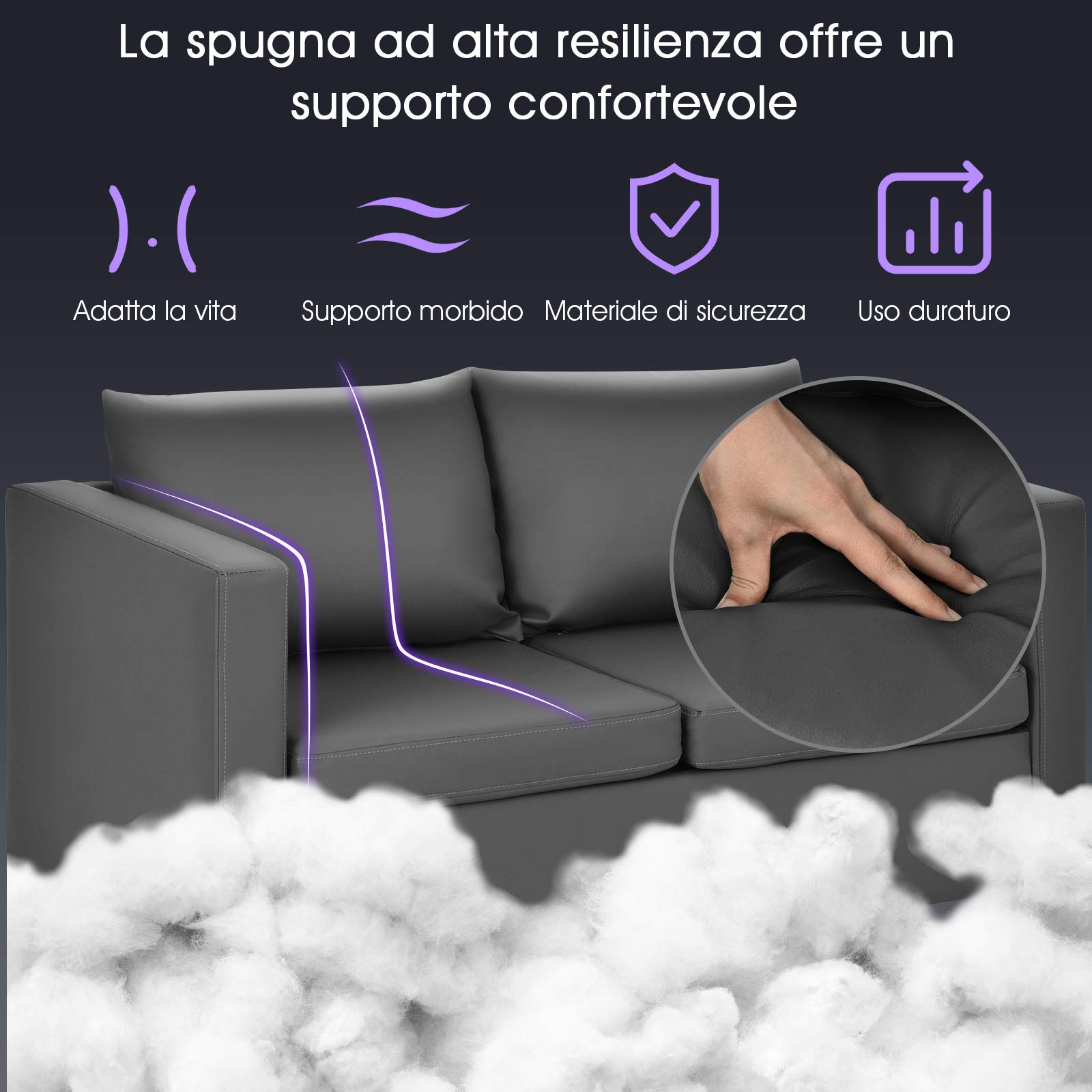 COSTWAY Divano a 2 Posti, Divano Moderno con Cuscino Morbido, Gambe in Legno di Gomma, In Similpelle PU, Carico 240 kg, 120x60x62,5 cm