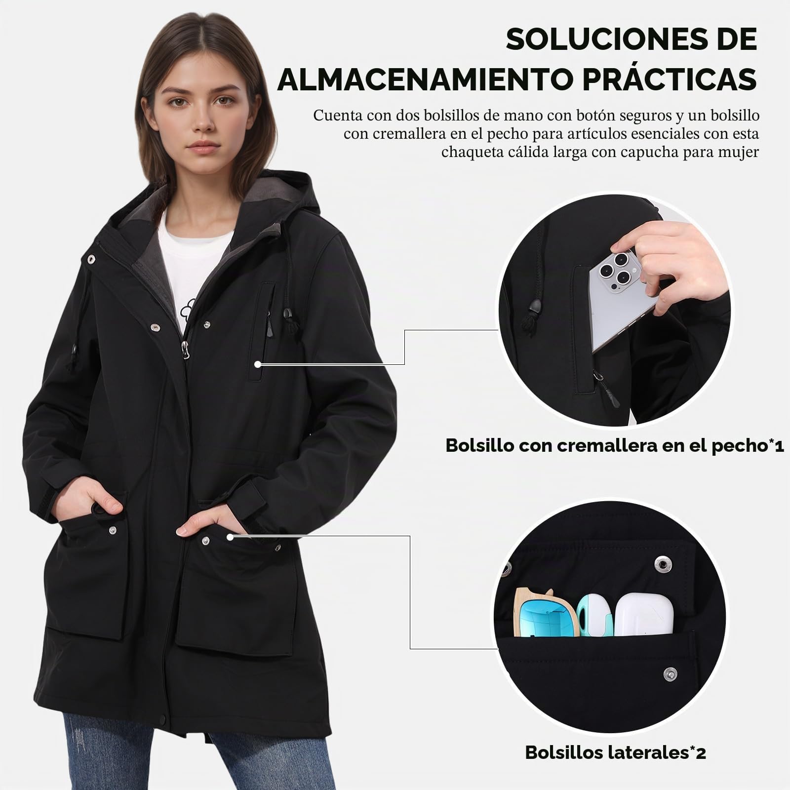 Chaqueta Softshell Impermeable a Prueba de Viento para Mujer con Forro Polar, Capucha Ajustable Abrigo Cálido Ligero de Línea Larga para Todos los días y al Aire Libre