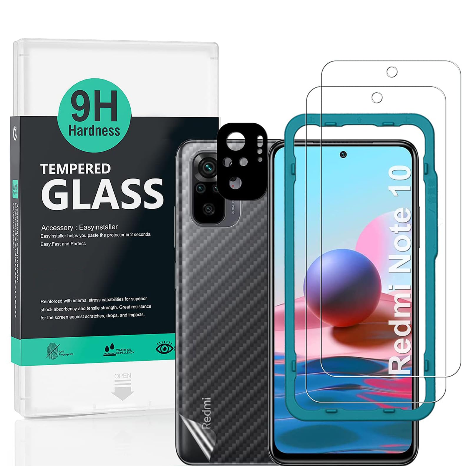 Ibywind Screen Protector For Redmi Note 10 4G/Note 10S(Not For Samsung Galaxy Note 10),with 2Pcs Tempered Glass,1Pc Camera Lens Protector,1Pc Backing Carbon Fiber Film