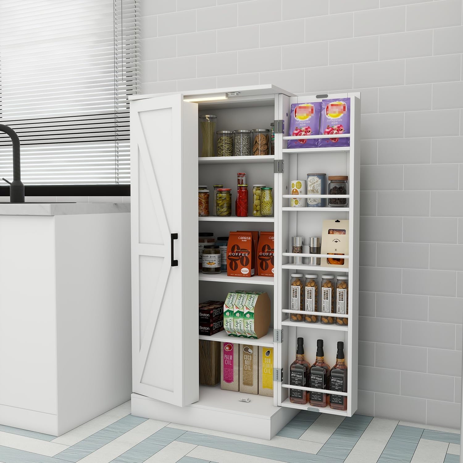 Kitchen Pantry Storage Cabinet w/LED, 50" Pantry Cabinets w/Doors and Adjustable Shelves, Freestanding Pantry Cupboard for Kitchen, Dinning Room, Living Room, Small Place, White