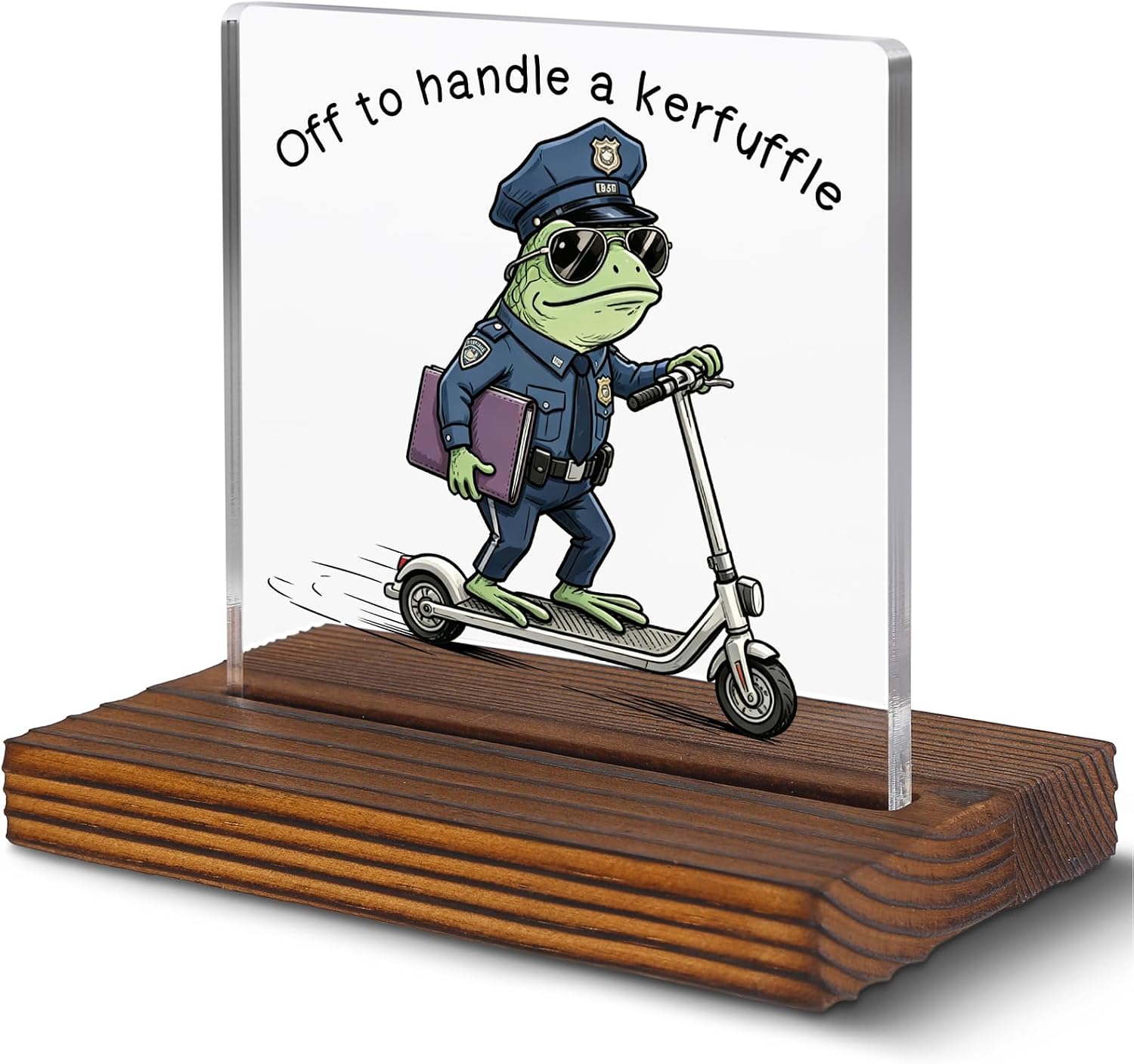 Funny Police Frog Desk Sign, Off to Handle a Kerfuffle Acrylic Office Decor, Humor Gift for Coworkers Police Officer, Cute Animal Sarcastic Plaque for Desk Display EC413