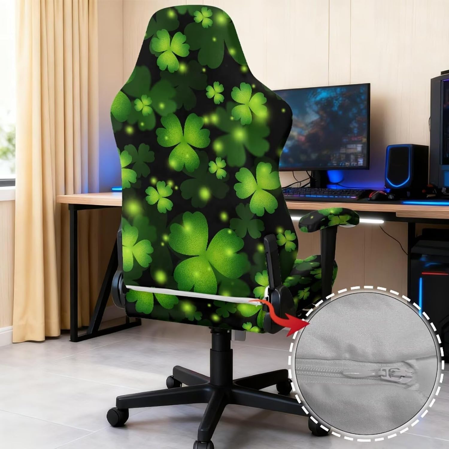 Green Shamrock Print Gaming Chair Covers with Armrest Covers Non-Slip Computer Chair Slipcovers Washable Elastic Swivel Armchair Protector Home Docor