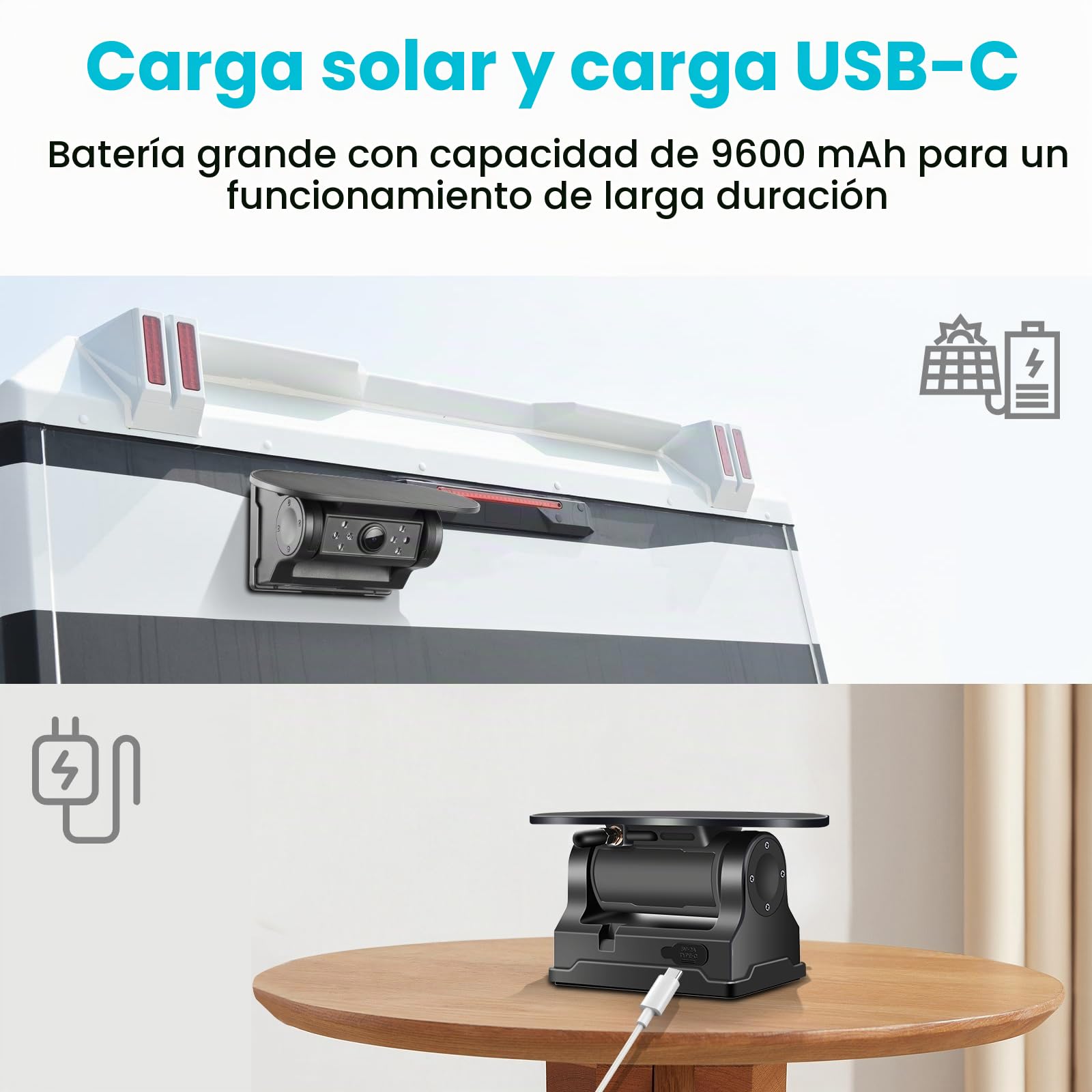 Cámara de Marcha atrás WiFi Solar, cámara de Marcha atrás magnética inalámbrica, FHD 1080P IR visión Nocturna IP69K Impermeable, para iPhone Android, Ayuda de Aparcamiento, Autocaravana