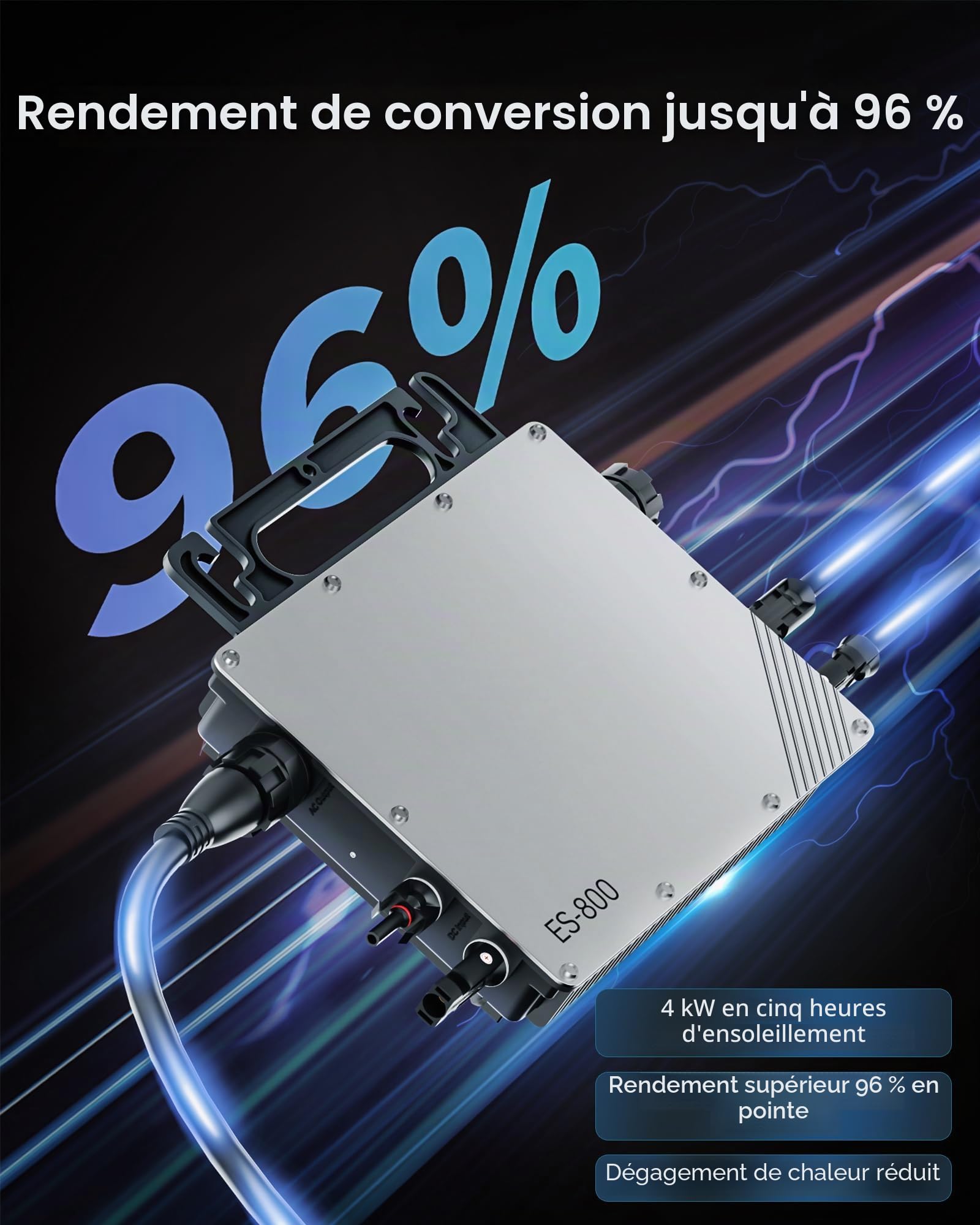 Micro onduleur 800W, onduleur MPPT, entrée Secteur microsolaire, Plug and Play, Installation Facile, Surveillance WiFi avec Application IP67, étanche