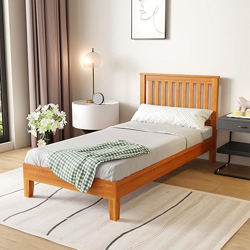 PayLessHere Marco de cama de plataforma de madera, sin cabecero, no necesita somier, soporte de listones de madera, sin ruido, fácil de montar,