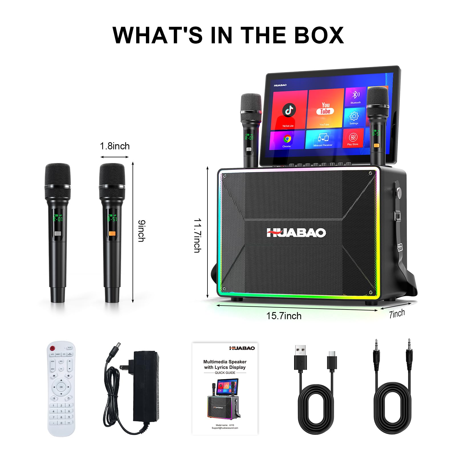 Máquina de Karaoke Inteligente con Tableta de 14 Pulgadas, Pantalla y visualización de Letras, Altavoz Profesional para Karaoke, 2 micrófonos inalámbricos, Altavoz Bluetooth, WiFi/HDMI/Luces LED