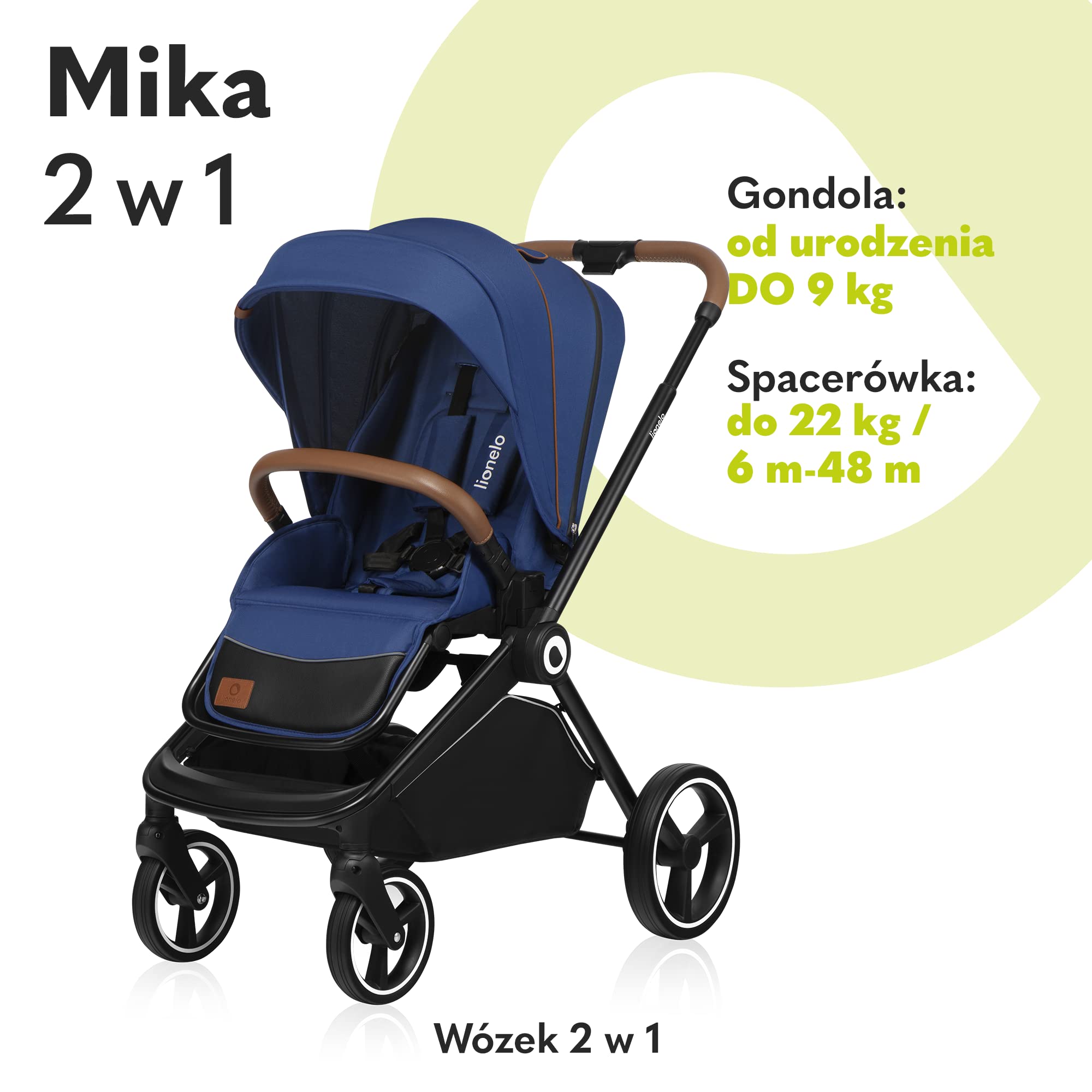 LIONELO Mika wózek 2w1, gondola, wózek spacerowy, spacerówka, folia przeciwdeszczowa, pas transportowy na ramię, materac, moskitiera, osłona na nóżki, wodoodporny materiał, gumowe koła (NIEBIESKI)