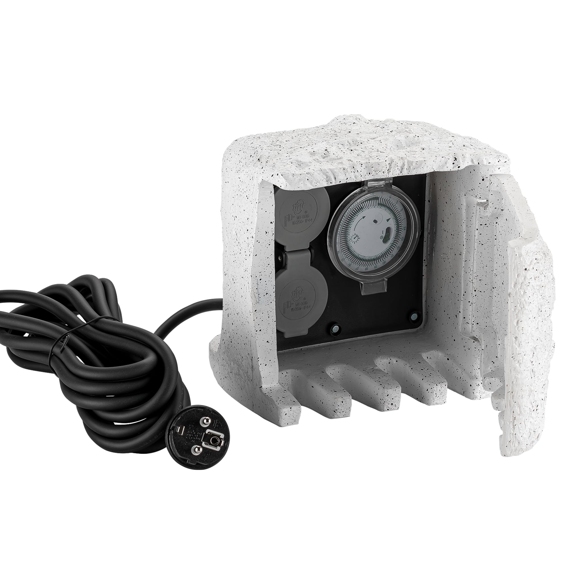 2-fach Gartensteckdose Außensteckdose Kunstharz Zeitschaltuhr IP44 Outdoor Steinoptik 5m Kabel