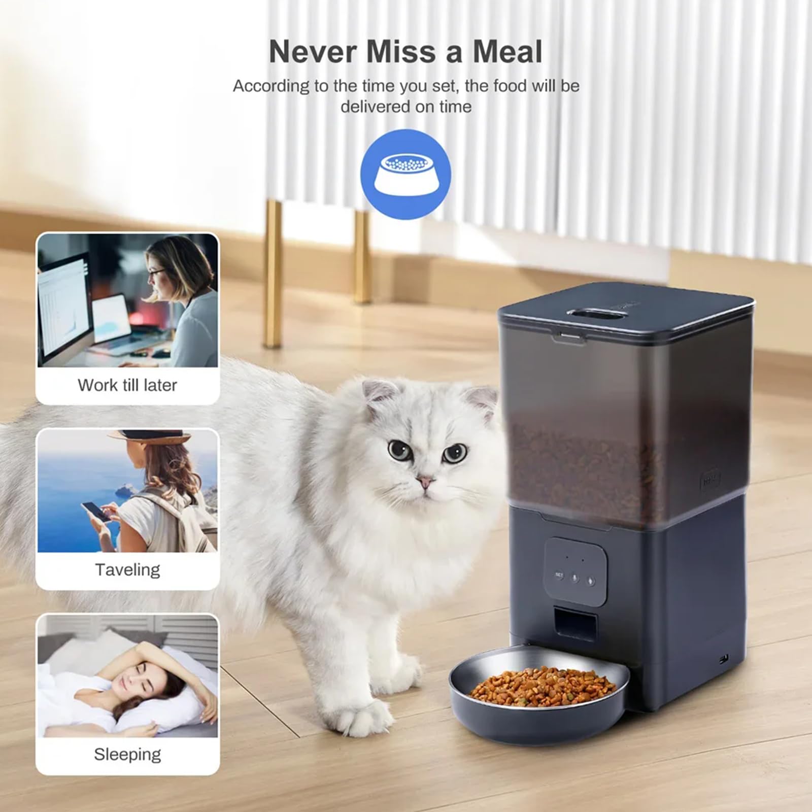 Comedero Gato Automatico 6L Dispensador Comida Gatos/Perros Dispensador De Comida Perros con Temporizador Y 1-4 Comidas Al Día App Control Cuenco De Acero Inoxidable,Blanco