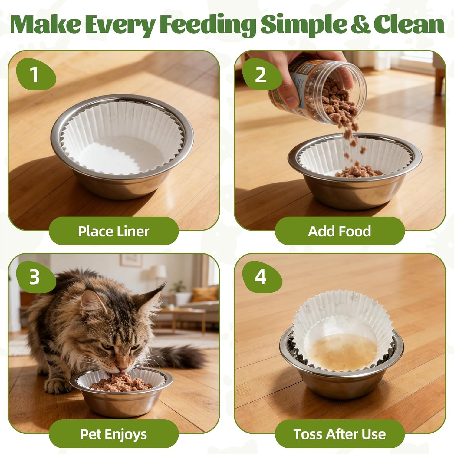 600 Pcs Disposable Pet Bowl Liners with Cute Paw Pattern, Small Paper Dish Pads, Leak-Resistant Meal Inserts for Cats & Small Dogs, Dry or Wet Food, Feral Cat Feeding Station(Paw & Fish Bone Design)