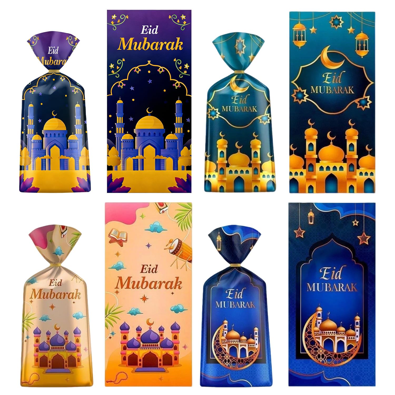 100 Pcs Eid Mubarak Cellophane Bags 4 Styles Ramadan Cello Bag Moon Star Castle Candy Bags with Twist Ties Multi-Color Treat Gift Bag for Goodies Ramadan Festival Party Favor