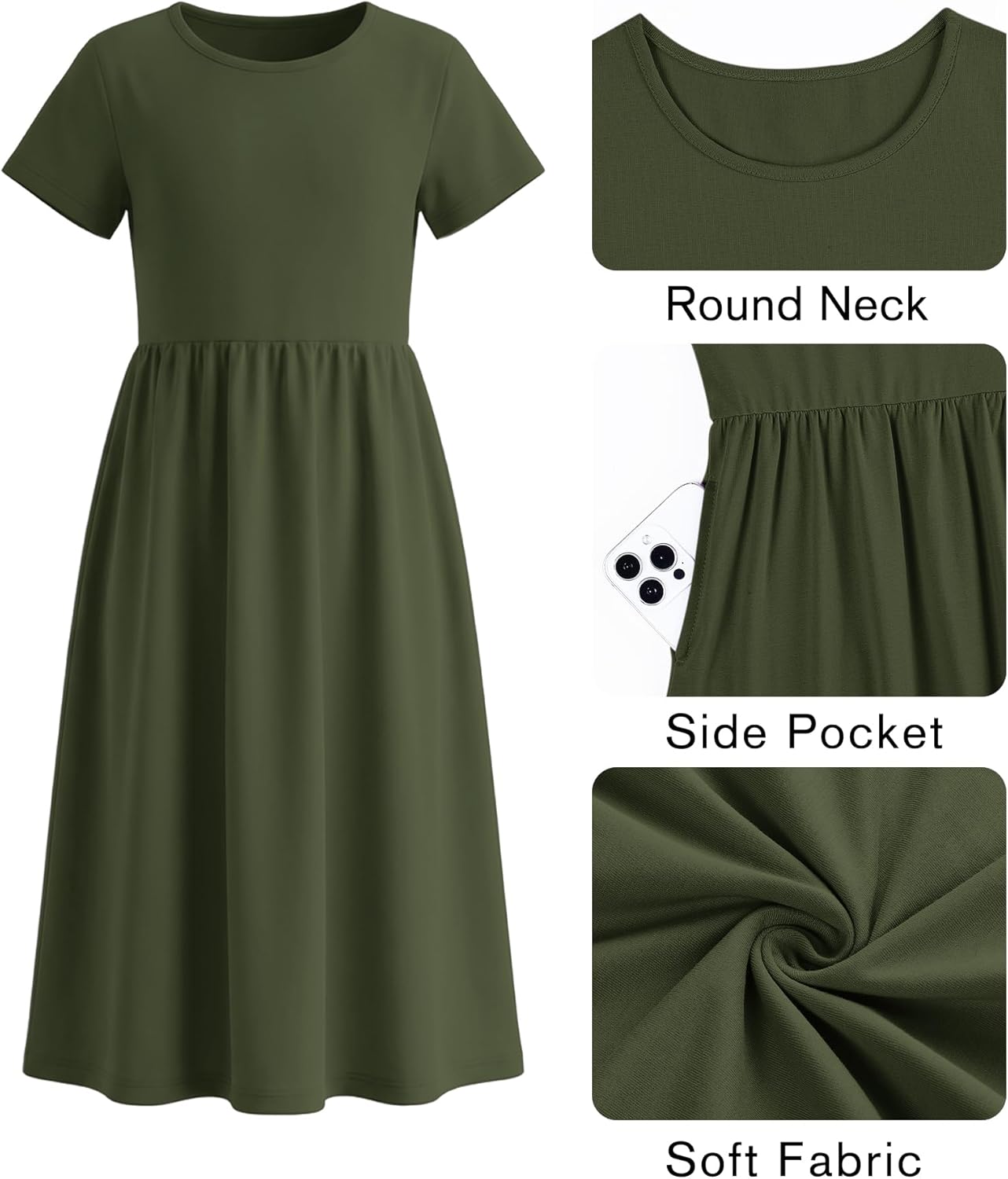 Girl's Summer Short Sleeve Loose Dress Casual Crewneck Empire Waist Long Maxi Dresses for Kids with Pockets 5-14 Years - Image 6