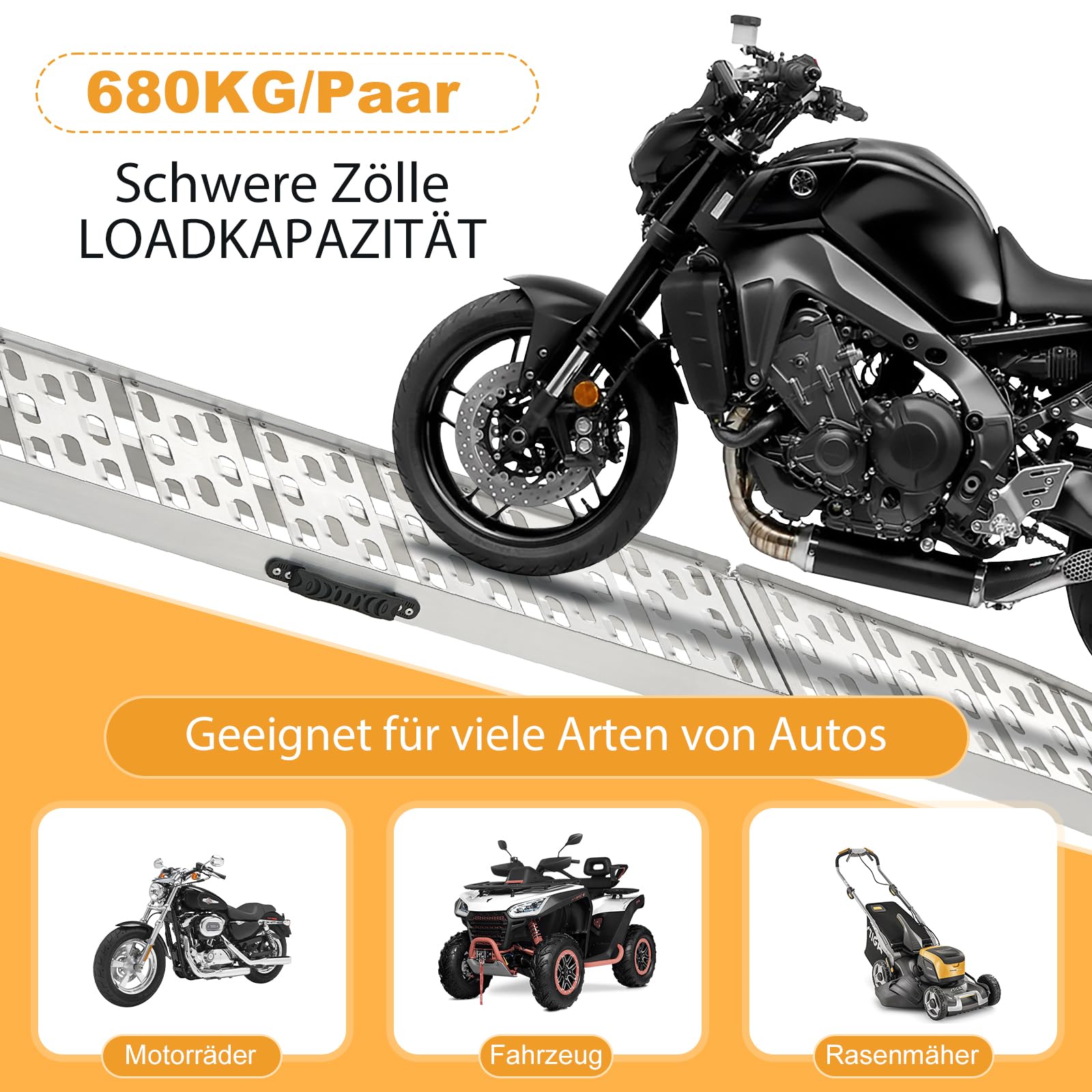 gardhom 2X Rampe Auto Klappbar 228x28x4.5cm Auffahrrampe PKW 680kg Alu Laderampe für Anhänger, Motorrad Fahrradrampe für Treppe