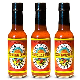 Daves Gourmet Scorpion Pepper Hot Sauce - Extract-Free Insanely Hot Flavor - Hot Sauce for Burgers, Stews, Tacos, Pizza & More - Spicy Gluten-Free, Low Fat and Sodium - 5oz Pack of 3