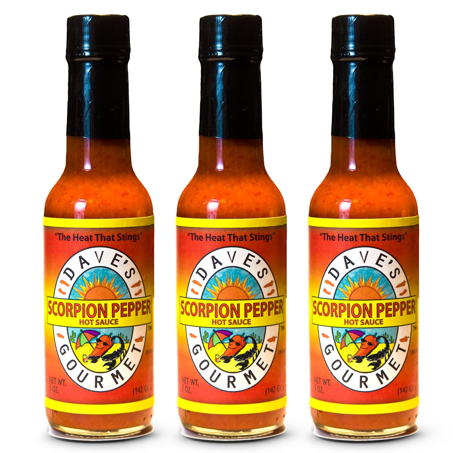 Dave's Gourmet Scorpion Pepper Hot Sauce - Extract-Free Insanely Hot Flavor - Hot Sauce for Burgers, Stews, Tacos, Pizza & More - Spicy Gluten-Free, Low Fat and Sodium - 5oz (Pack of 3)