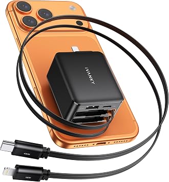 4-in-1 Retractable GaN 45W Wall Charger Plug for iPhone 17, Travel Essentials Brick Multiport Dual 31.5" Cables USB C+Lightning Adapter Fast Charging Block for iPhone 17/16/15/14/13/12,MacBook Neo