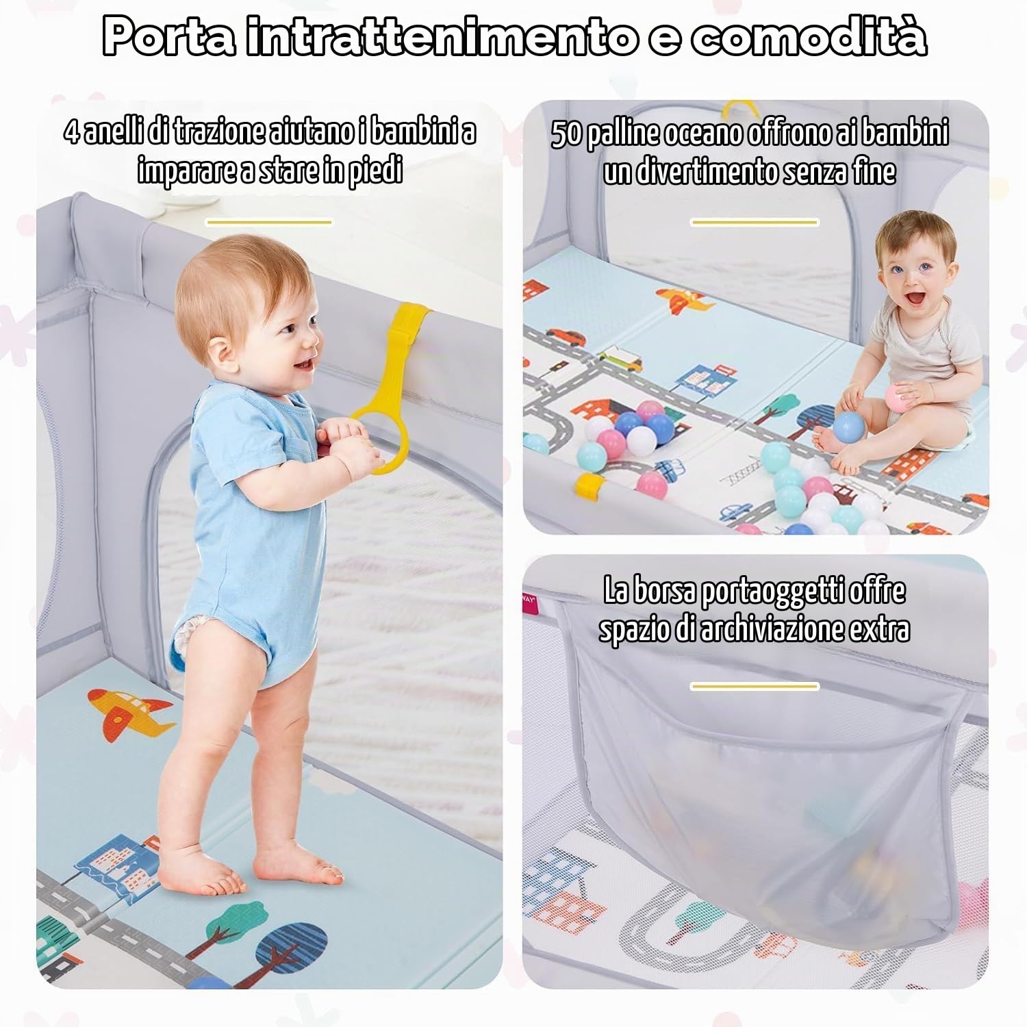 FANTASK Box per bambini pieghevole con materasso 189 x 158 cm, box con 50 palline e 4 maniglie (grigio chiaro)