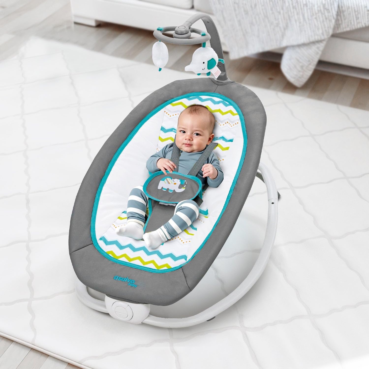 Asalvo Hamac éléphant bébé pliable 4 positions musique vibration harnais 5 points charge max 9 kg Gris Aqua
