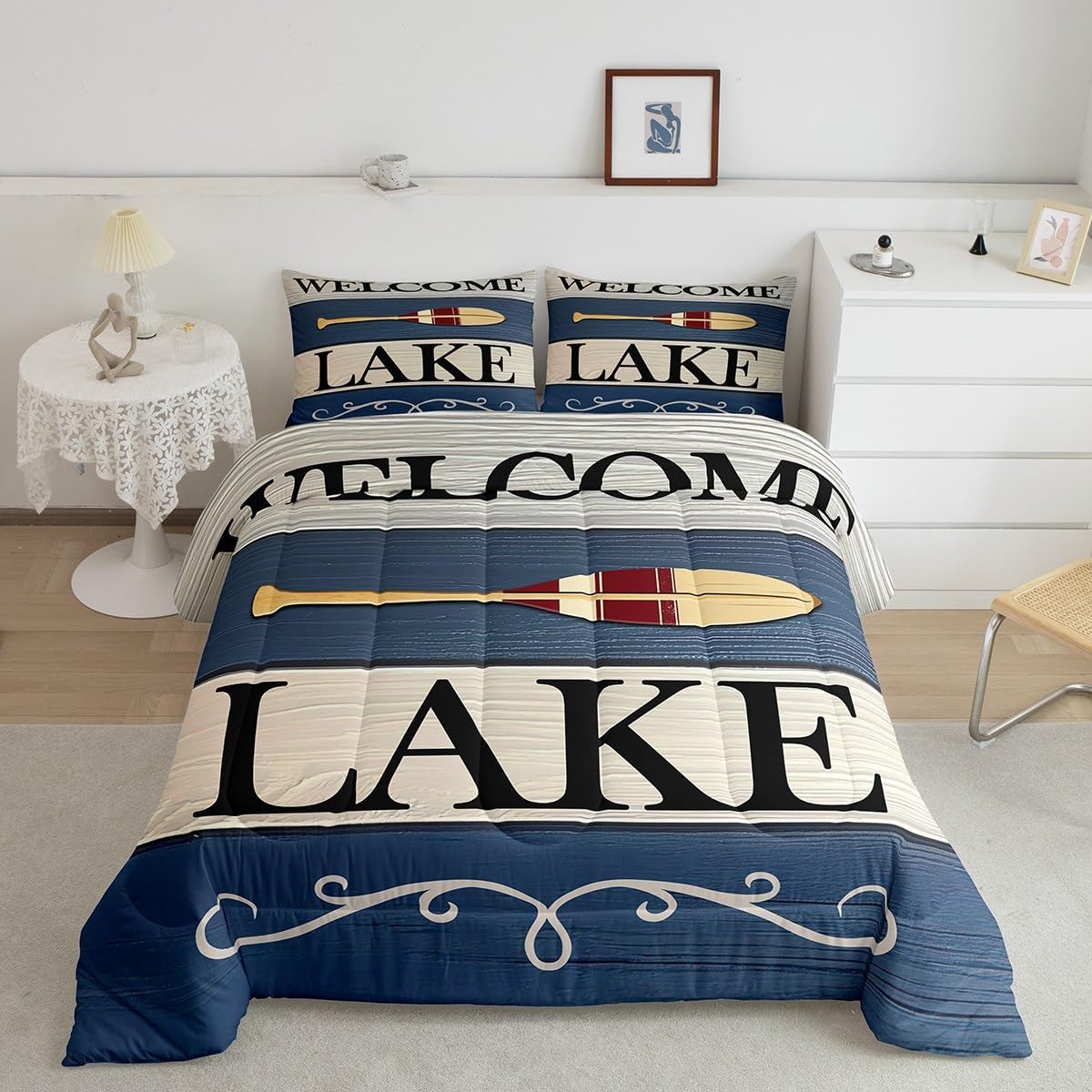 Jejeloiu Kids Lake Comforter Set - Queen Size Lake House Paddle Relax Bedding Set for Boys & Girls - Blue Duvet Set