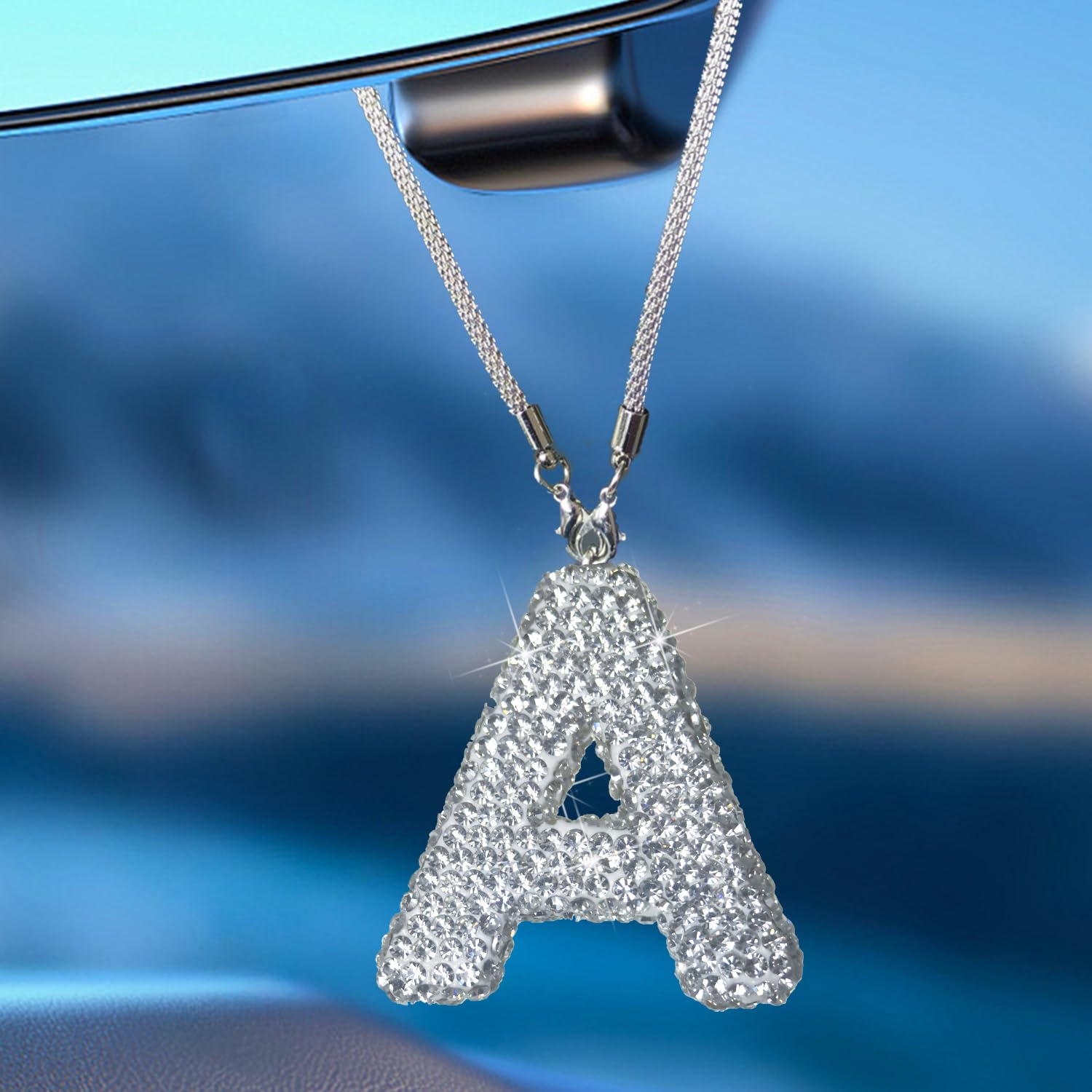 Bling Car Letter Charm, Rear View Mirror Ornament Cute Hanging Crystal Pendant Bling Car Accessories, Lucky Diamond Rhinestone Women Charm Auto Decoration (White A)