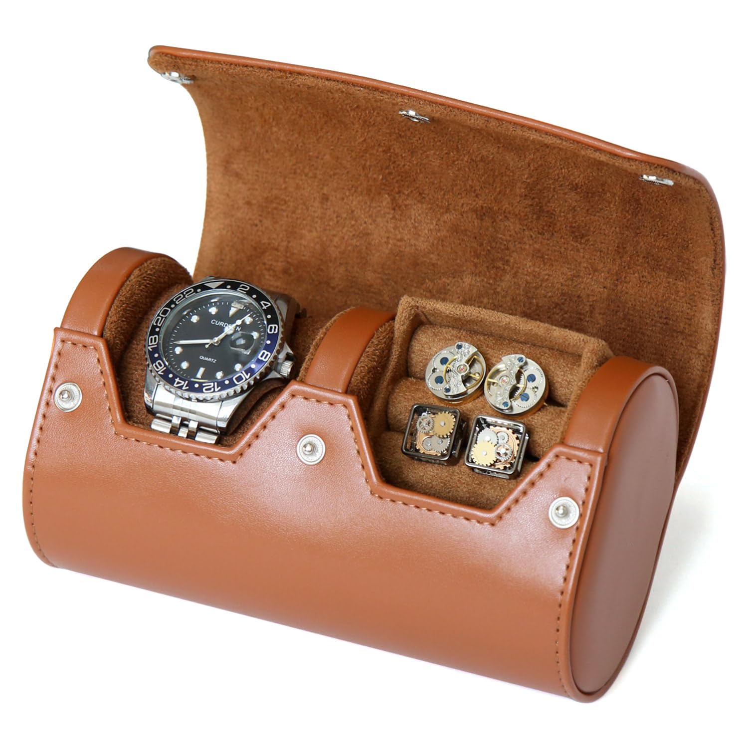 Besforu Watch Roll Travel Case, Mens Single Watch And Cufflink Box Case with Suede Lining, Portable Watch Cufflink Display Storage and Organizer to