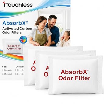 iTouchless Official AbsorbX 3-Pack Trash Can Odor Filters, Activated All Natural Charcoal Odor Absorber Air Freshener Deodorizer Stops Garbage Smells for 8 Gal and Larger Garbage Bins with Compartment