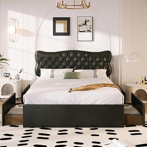 Miniatura 82 de Elegante cama con plataforma tapizada de terciopelo de tamaño Queen con cabecero, para niños, niñas y adolescentes (beige @cabecero/, Queen)