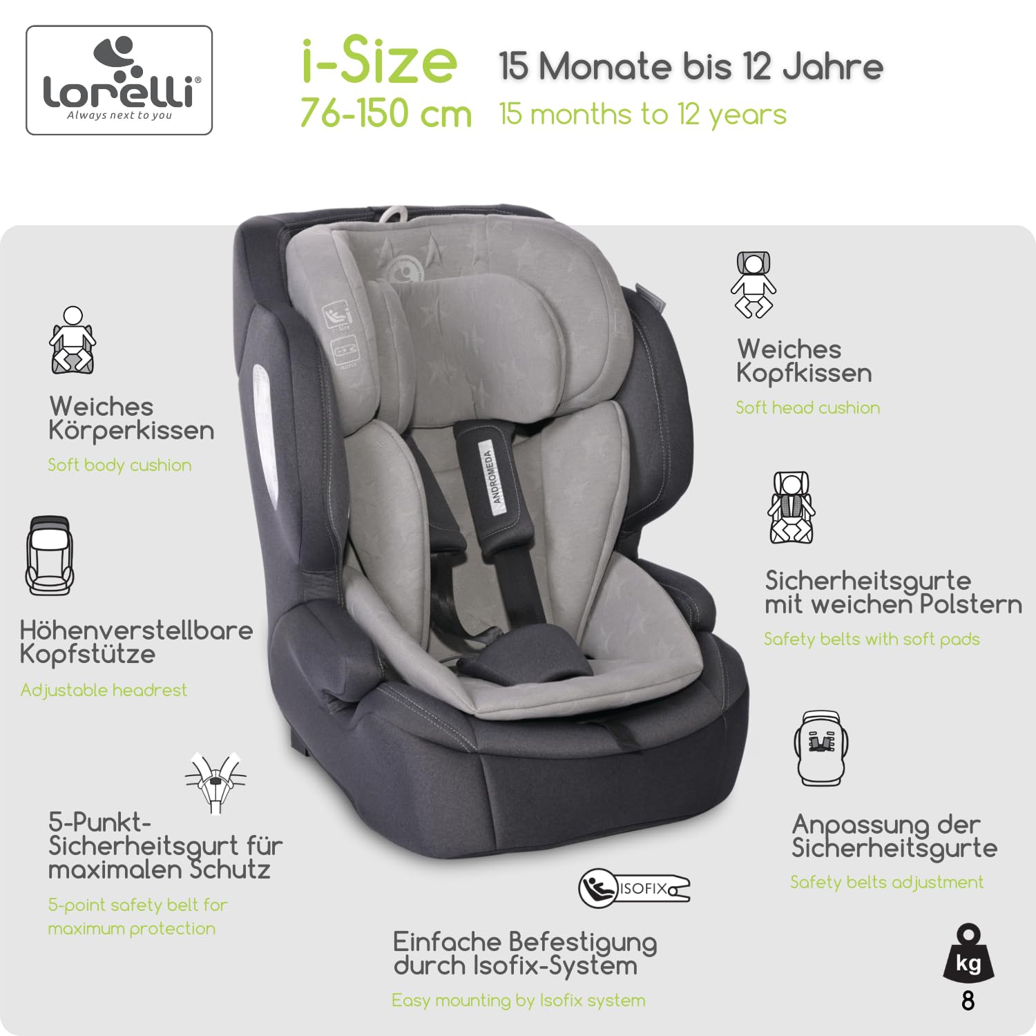 Lorelli Auto Kindersitz Andromeda mit Isofix i-Size, Mitwachsender Autositz für Kinder von 76-150 cm, Babysitz, Autokindersitz, Einstellbare Kopfstütze, 5-Punkt-Sicherheitsgurt, hellgrau