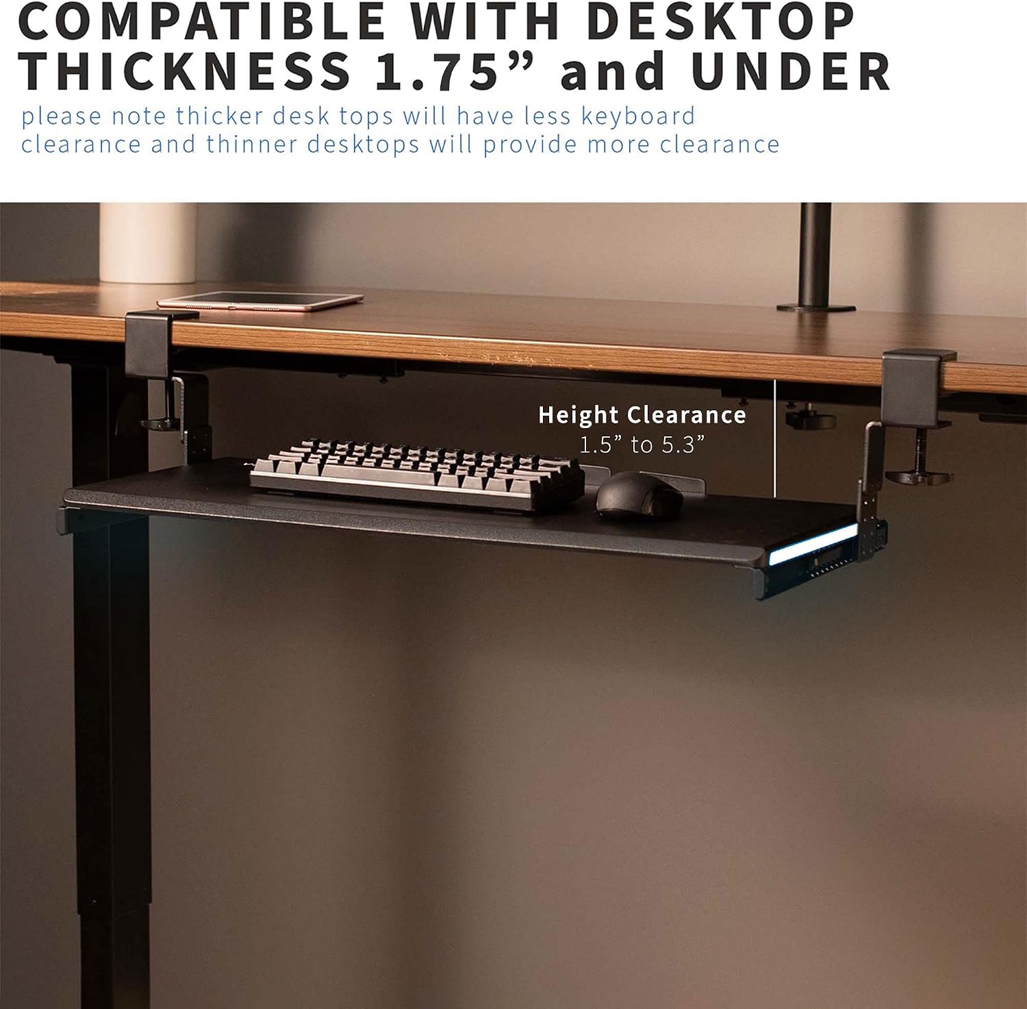 VIVO Large Height Adjustable Under Desk Keyboard Tray with RGB LED Side Lights, C-clamp Mount, 27 (33 Including Clamps) x 11 inch Slide-Out Platform Computer Drawer for Typing, Black, MOUNT-KB05GL