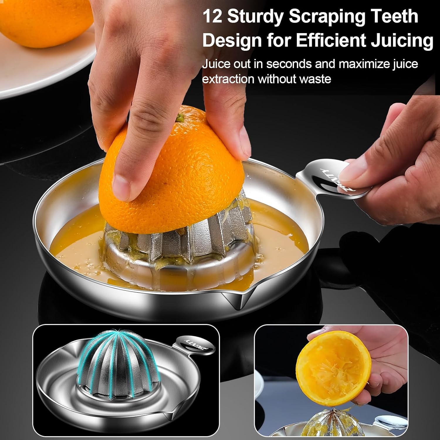 Lemon Squeezer Stainless Steel, Heavy Duty Manual Hand Juicer, Premium Citrus Reamer Juicer Rotation, Lime Orange Fruit Squeezer, 200ML Container 2 Pour Spouts, Dishwasher Safe（5-Year Warranty）