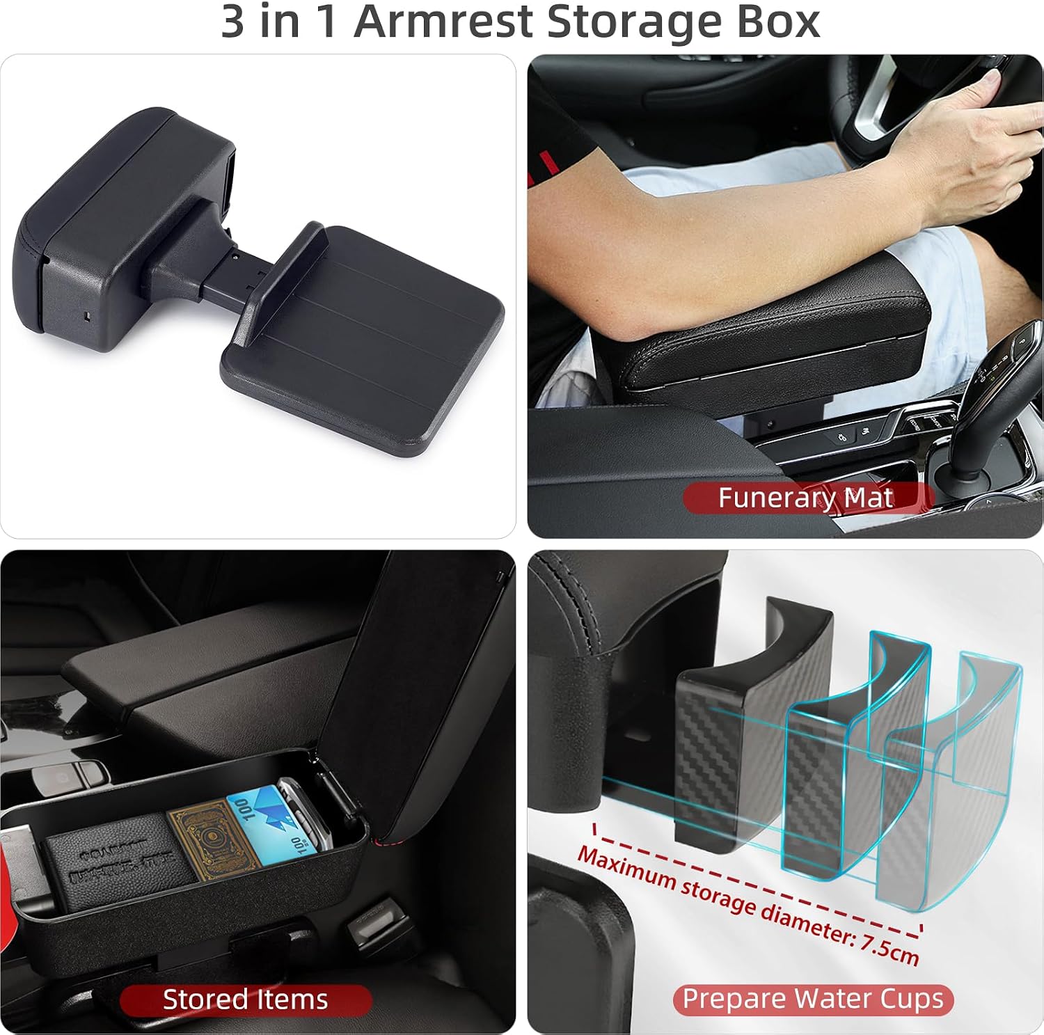 Rupse Car armrest Storage Box,Car Center Console armrest Box with Cup Holder,Forearm Wrist Support Adjustable Armrest for Most Car Models
