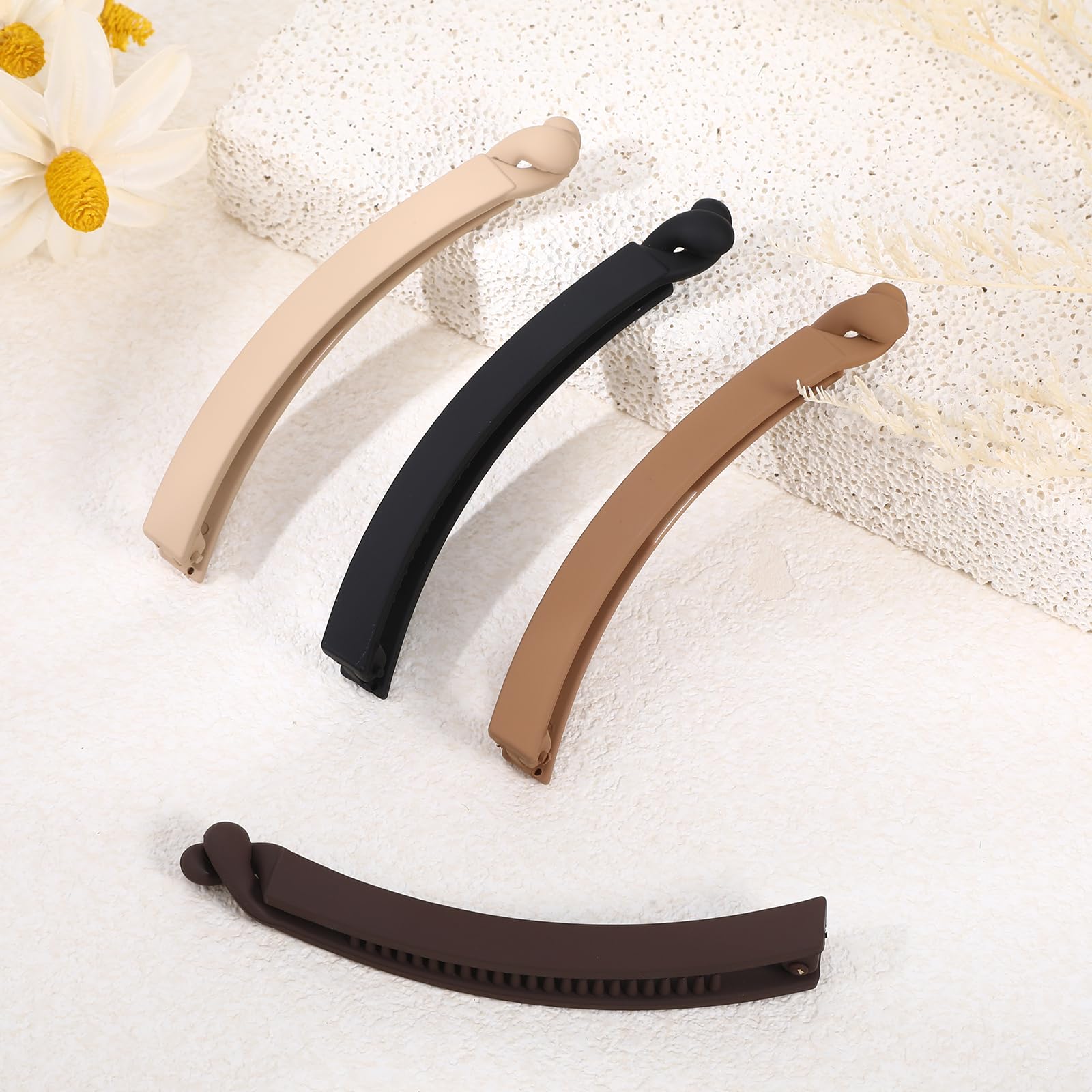 Zestaw 4 klipsów bananowych w matowych kolorach, z metalową sprężyną do cienkich i grubych włosów, dla kobiet, do upinania końskiego ogona (11 cm, 4 kolory)