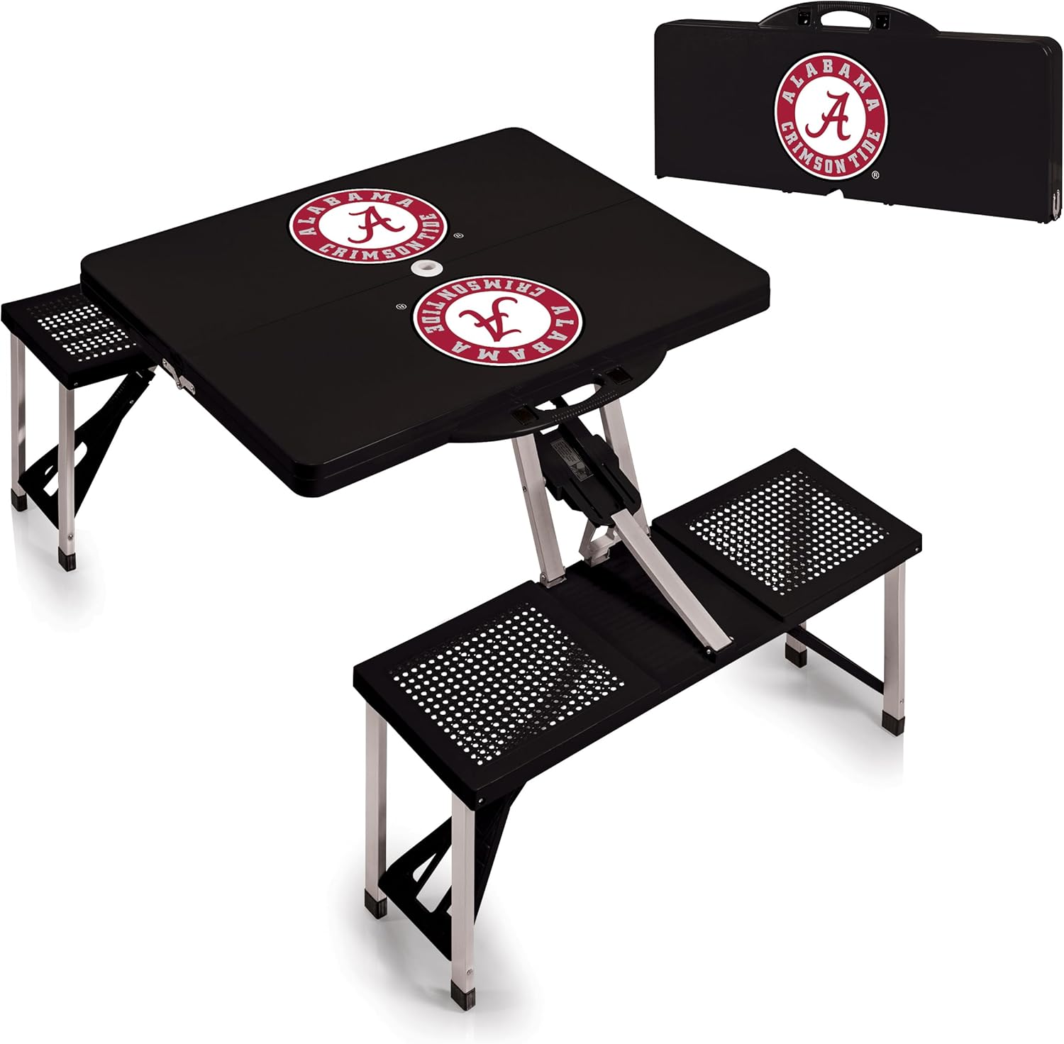 PICNIC TIME NCAA Alabama Crimson Tide Folding Picnic Table with 4 Seats, Camping Table, Outdoor Table with Umbrella Hole, (Black)