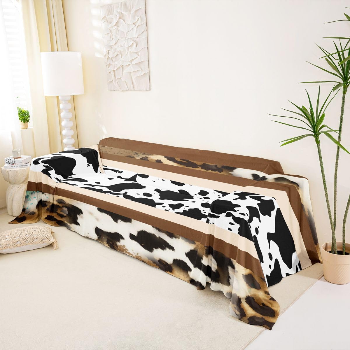 Western Sofa Slipcover Brown Cheetah Print Non Slip Fuzzy Pet Couch Covers for Sofa,Cow Print Animal Hide Spot Patchwork Fur Hair Sofa Cover Furniture Protector Couch Soft for Kids,91"x150"