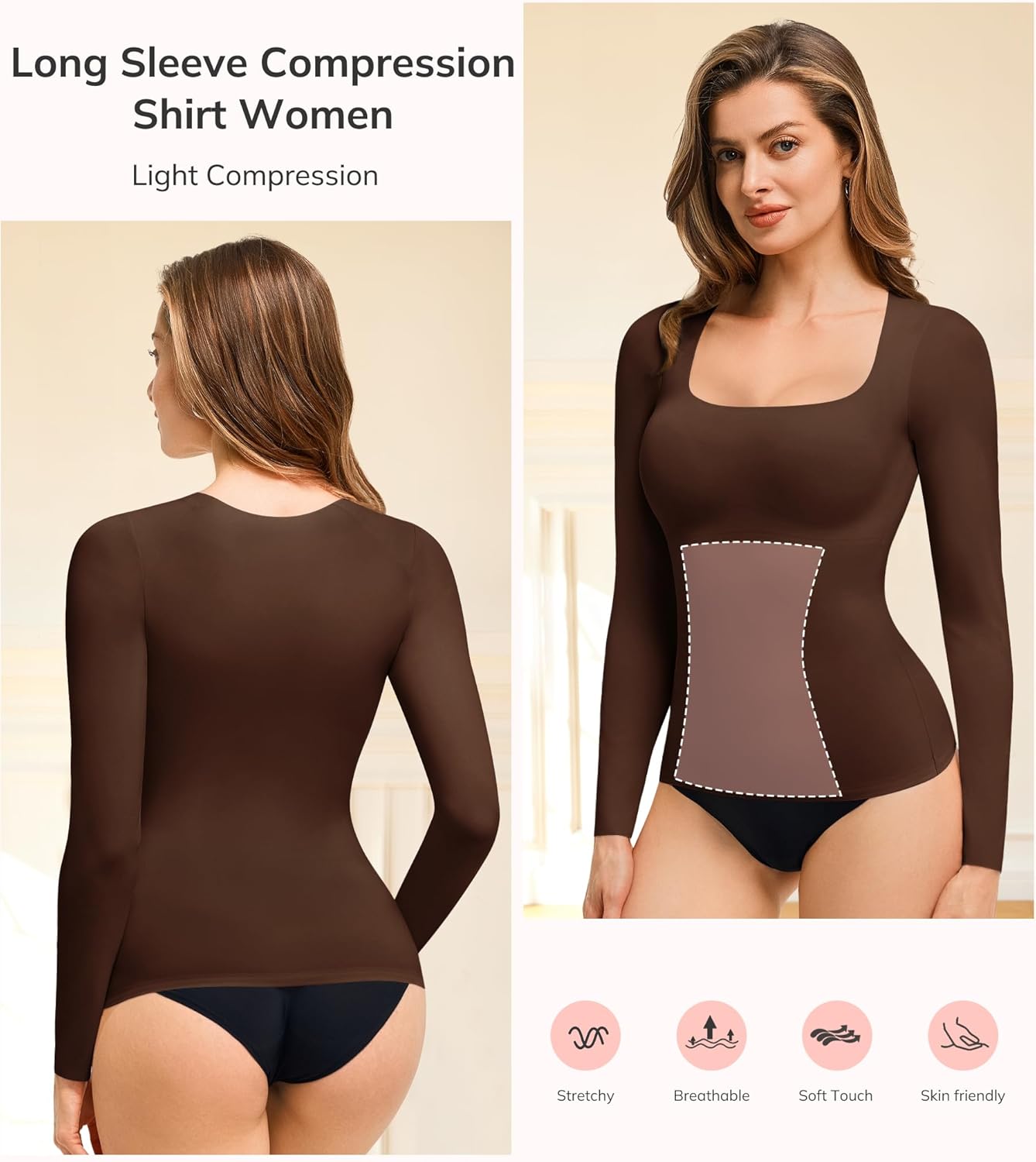 LODAY Tummy Control Shapewear Tank Top Square Neck Long Sleeve Top Slimming Body Shaper Compression Tanks for Women - Image 5