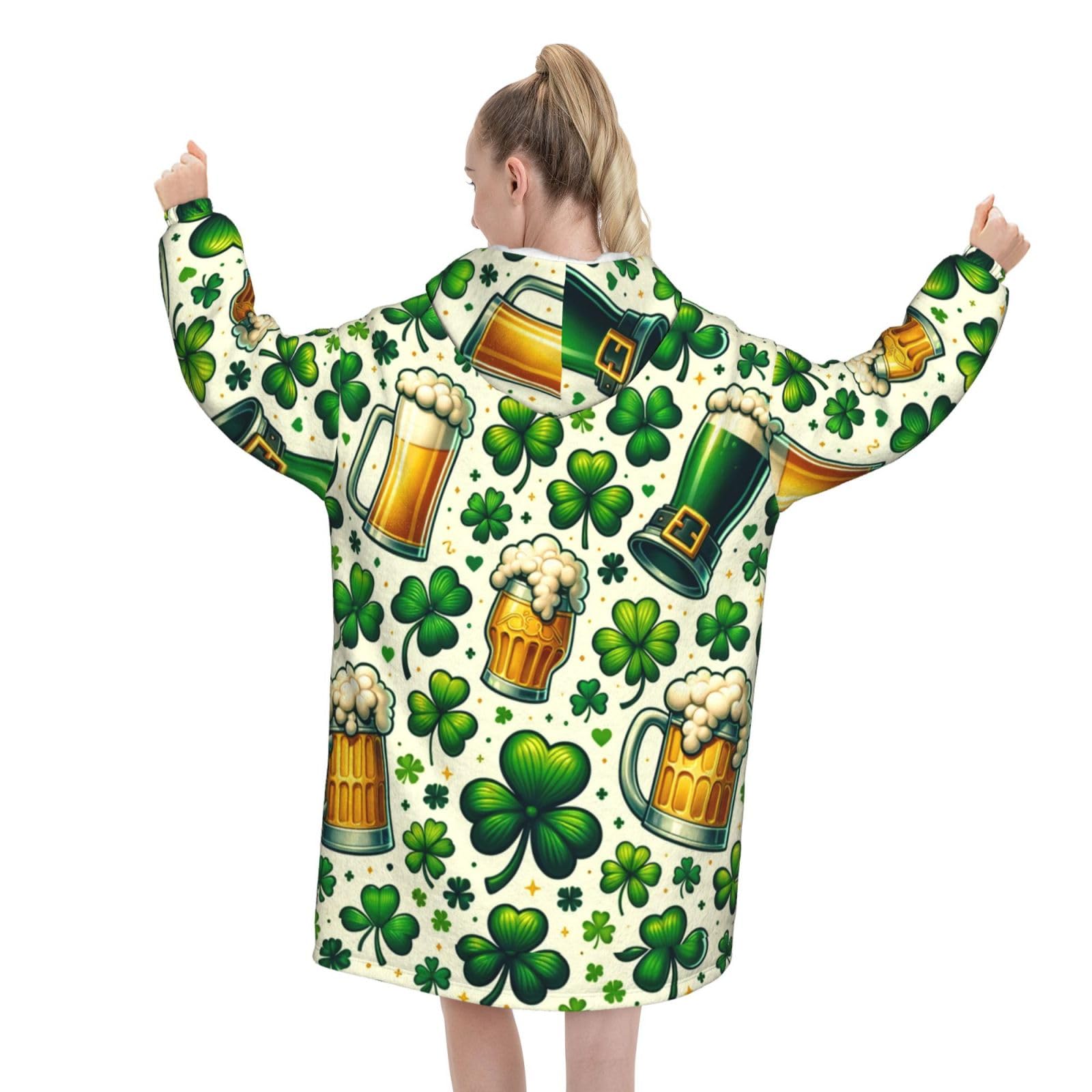 Oversized Flannel Wearable Blanket Hoodie For Adult Beer-Shamrock-St-Patricks Soft Fuzzy Hooded Lounging Pullover