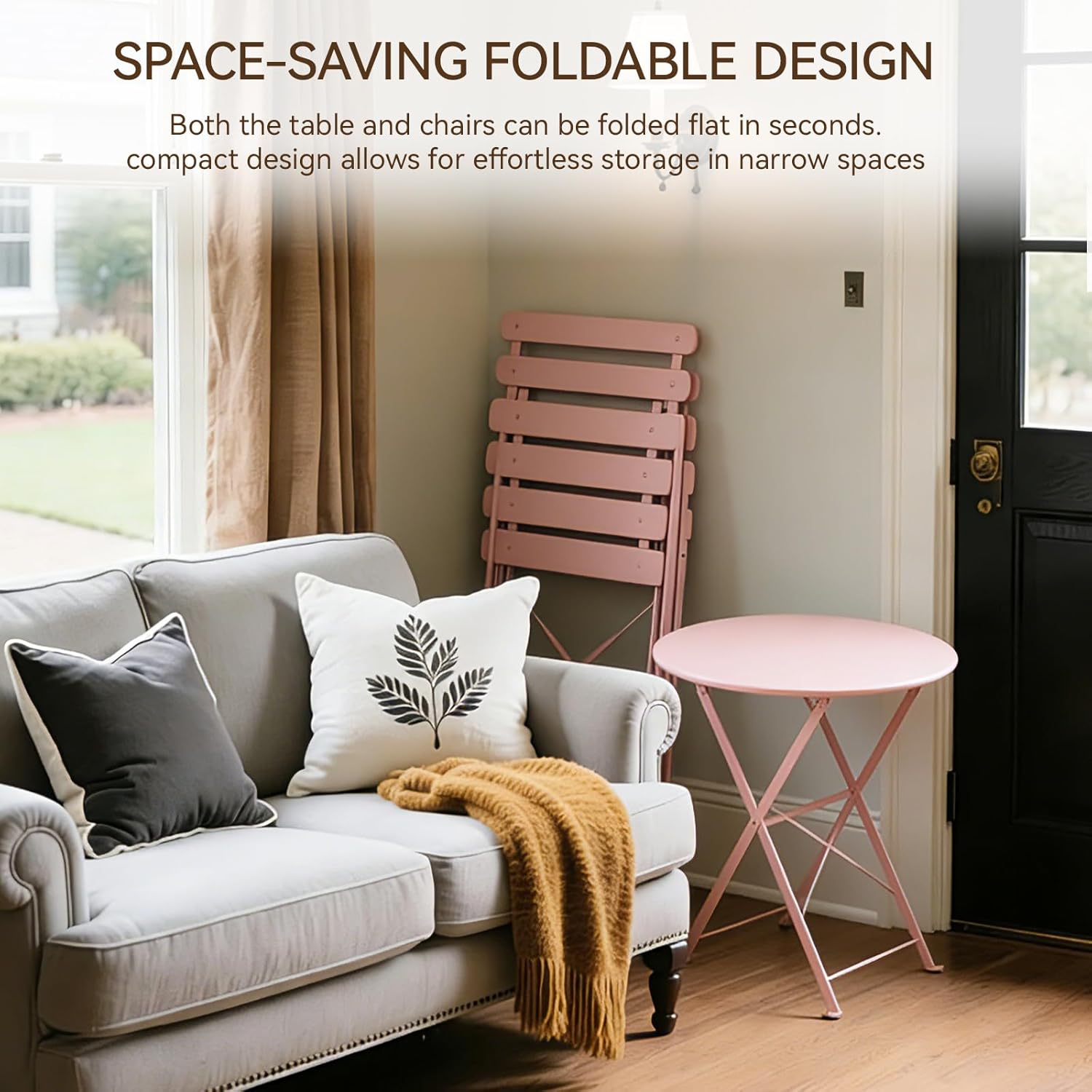 3-Piece Outdoor Patio Bistro Set, Folding Metal Table and 2 Chairs, Rust-Resistant Steel Frame, Space-Saving Balcony Furniture Set (Pink)
