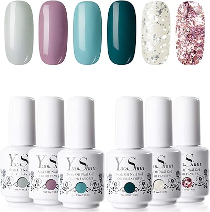 Amazon Com Gel Nail Polish Set Yaoshun Uv Nail Gel Kit Pure And Sparkles Summer Perspective Series Nail Polish Dark Green Sky Blue Smoked Purple Light Grey Transparent Glitter Pink Glitter Gel Polish Kit 8ml Beauty