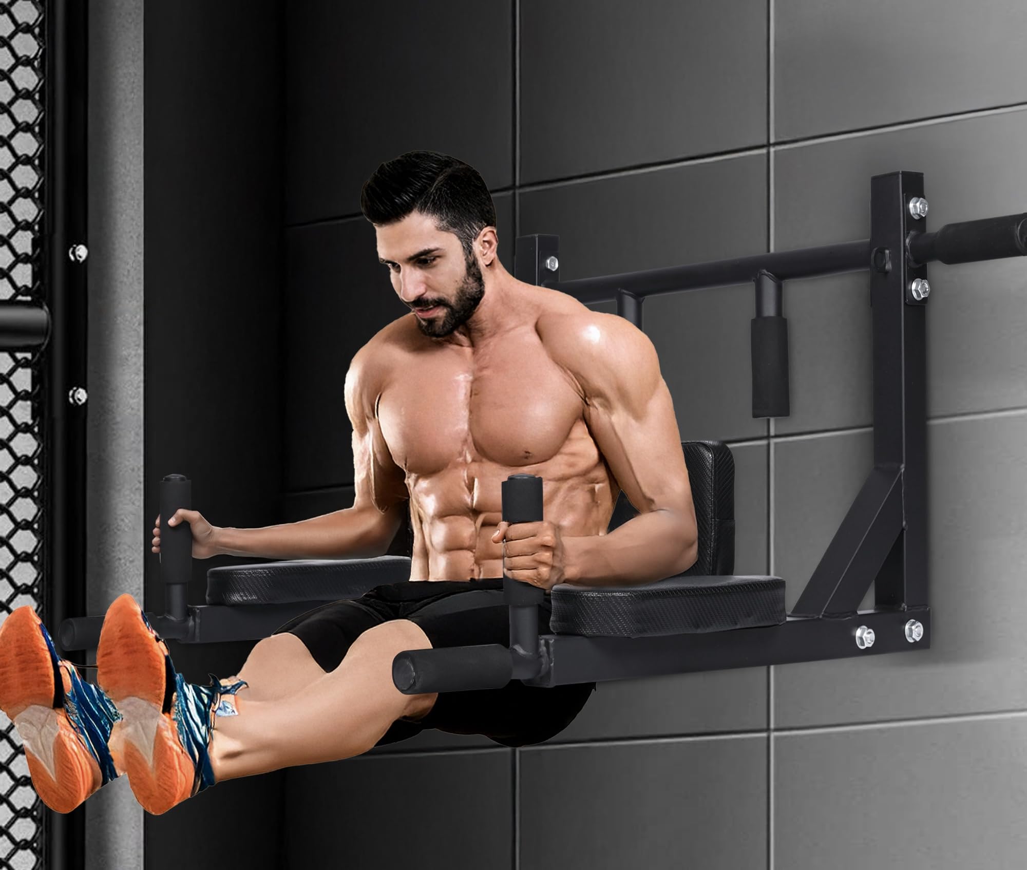 Barra dominadas pared entrenamiento en casa. Doble. Con Gancho para saco boxeo para gomas de entrenamiento. Múltiples agarres. Pull up, dorsales, espalda. Crossfit. Hasta 150kg. Tornillos incluidos..