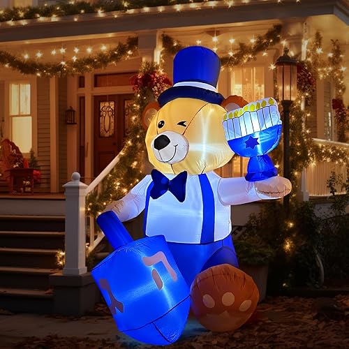 Miniatura 5 de AerWo Decoración de Hanukkah de 6 pies con un oso inflable que sostiene una menorá de Hanukkah y Dreidel con luces LED integradas, decoración de