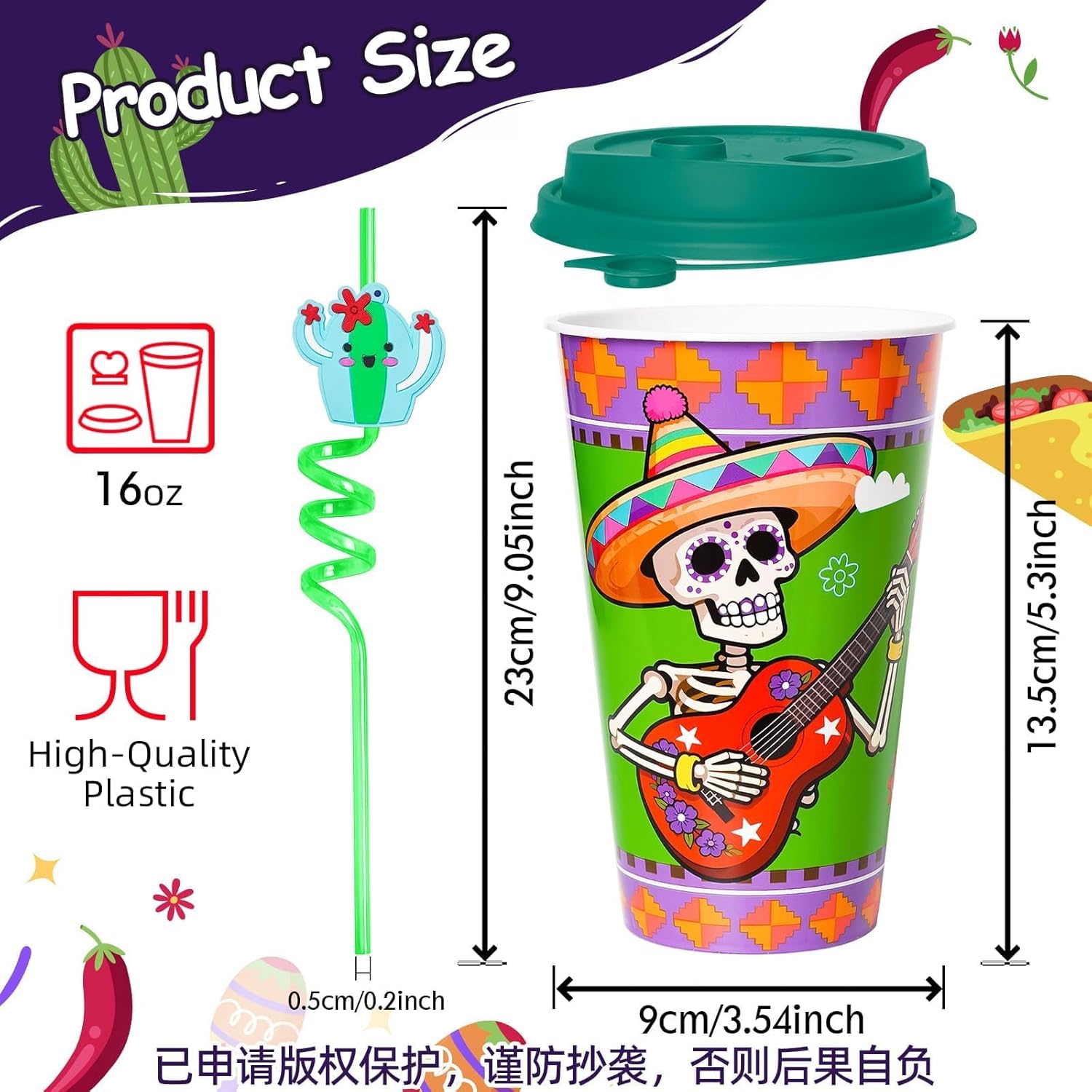 24 Cinco De Mayo Party Decorations Supplies Set- 16oz Plastic Cups with Lids and Straws for Mexican Fiesta Decor Taco Party Decorations Favors Bar Birthday Drinkware