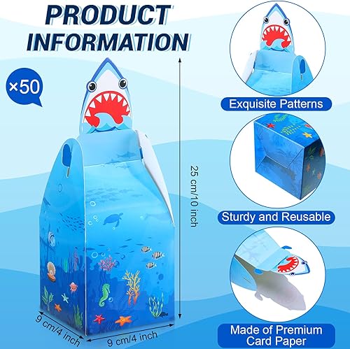 Miniatura 3 de Frienda 50 cajas de regalo de fiesta de tiburones para niños, bolsas de dulces de tiburón, regalo de cumpleaños de tiburón, cajas de cartón,