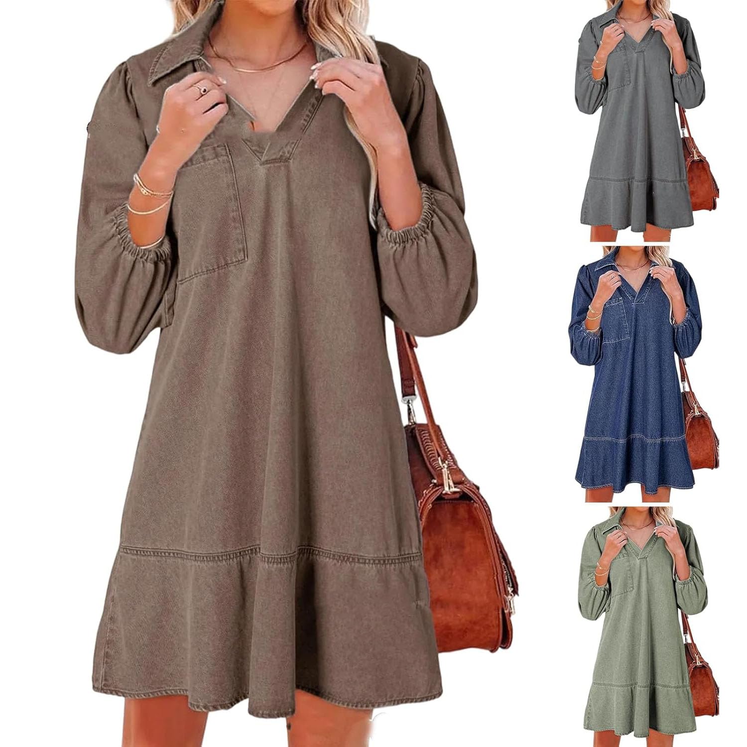 Vestido Vaquero con Capas, Cuello en V y Mangas abullonadas para Mujer, Vestidos Vaqueros con Volantes y Mangas 3/4, Vestido Vaquero Camisero Holgado de Verano con Bolsillos. (Brown,L)
