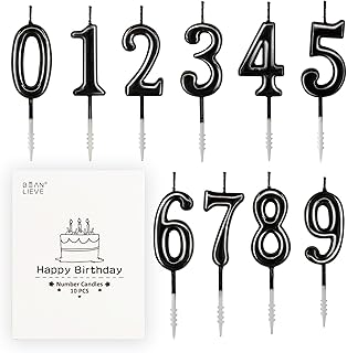 Beanlieve Black Numeral Birthday Candles - Cake Numeric Candles Number 0 1 2 3 4 5 6 7 8 9,Used for Cake Decoration on Birthday Parties and Wedding Anniversary Celebrations(10 Pieces)