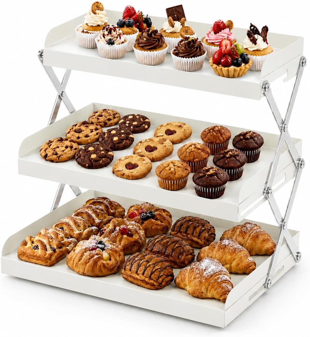 3-Tier Foldable Cookie Display Stand & Cupcake Stand, No Assembly Required Portable Bakery Rack, Dessert Table Display Set for Parties, Vendors, Farmers Market Booths, Tiered Retail Shelf for Pastries & Treats