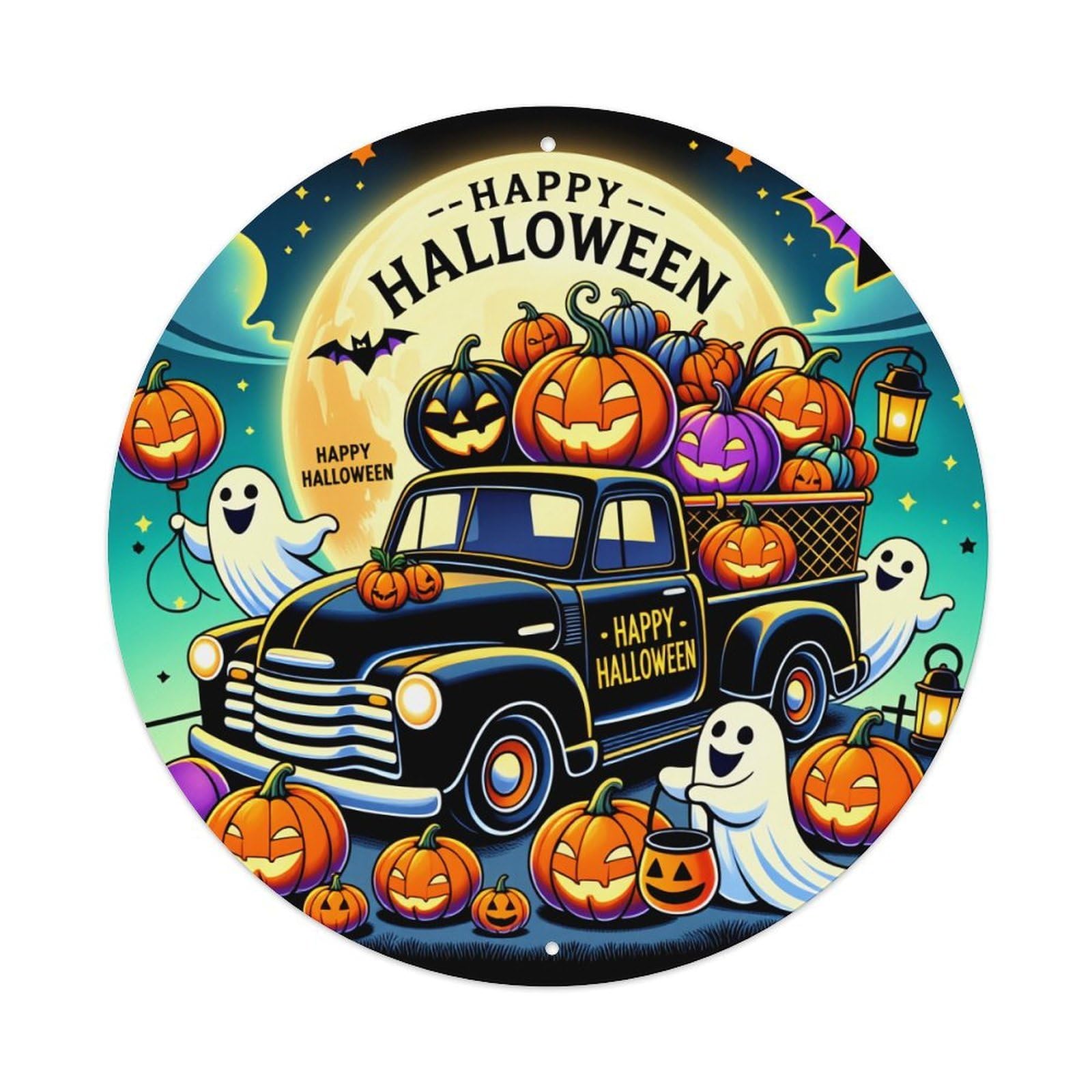 Happy Halloween Truck Pumpkins Ghosts Metal Tin Sign Vintage Garden Bedroom Cafe Bar Man Cave Home Wall Decor Metal Poster 8x8 inches
