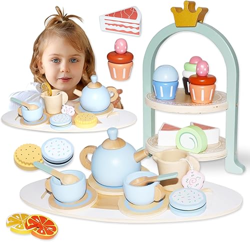 Juego de fiesta de té de madera para niñas pequeñas, 28 piezas de juguetes de madera con soporte para cupcakes y accesorios de juego de simulación