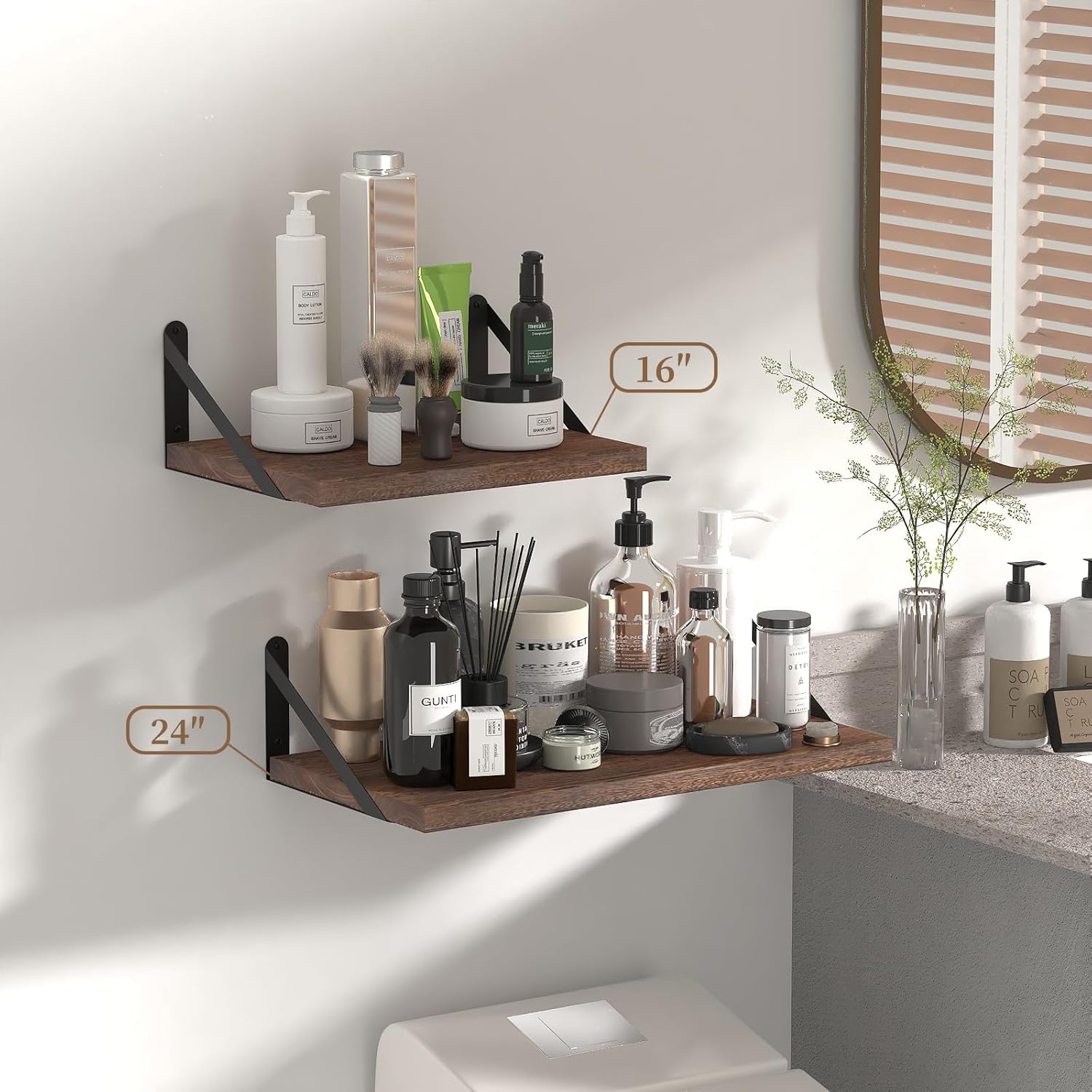SAUMONIER Floating Shelves Bookshelf for Bedroom Bathroom Living Room Wood Wall Mounted Wide Deep Storage, Rustic Brown 24 Inch Shelves Set of 2
